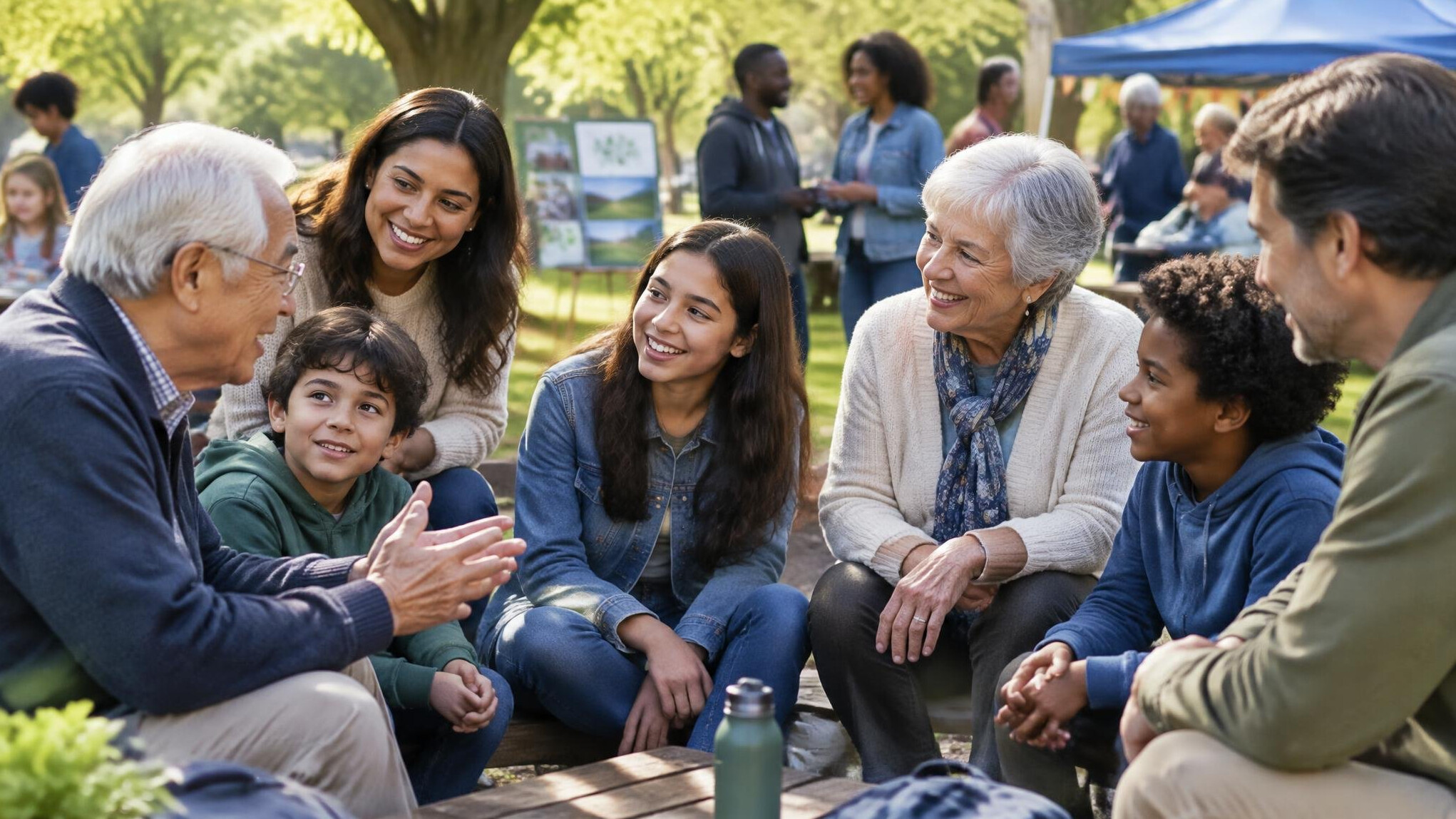 elderly and young in park