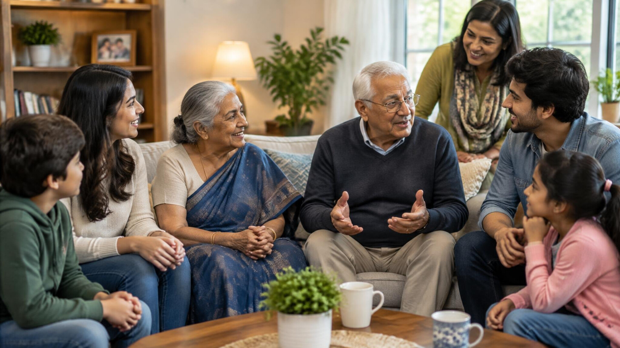 young and old people talking