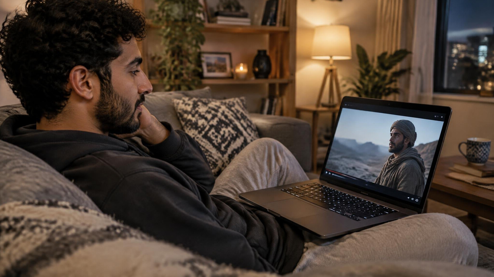 Young adult watching a streaming show on a laptop at home