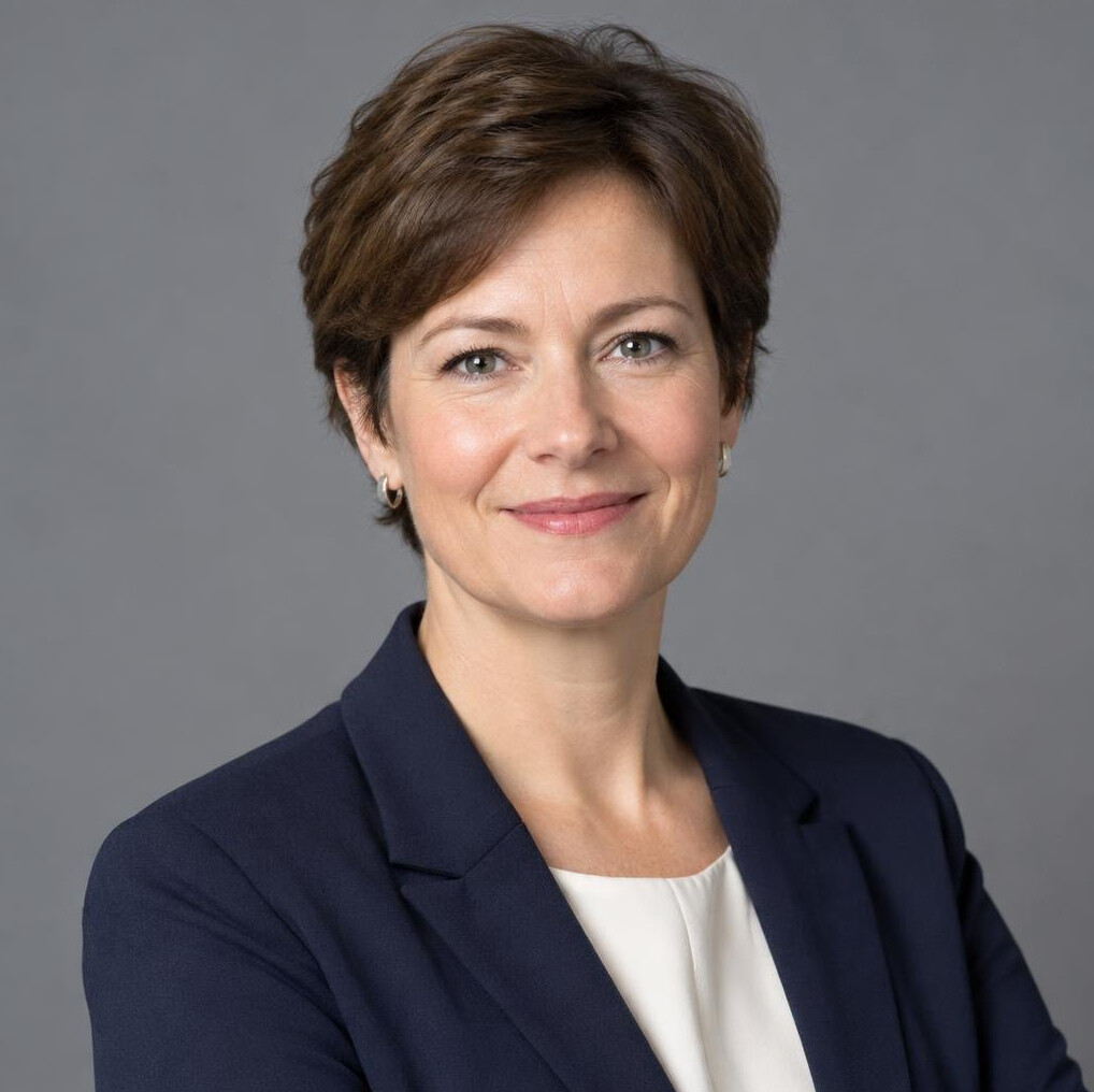 Studio portrait of a German woman in her forties, a lead sociologist